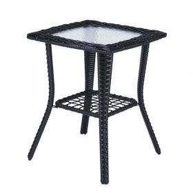 Outdoor Wicker Side Table, Rattan End Table with Glass Top, Patio Coffee Bistro Table for Indoor Garden Porch Balcony, Black