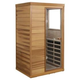 Red cedar Mini one person far infrared glass door on the right of the indoor sauna room