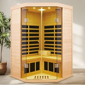 Two persons large glass front deluxe transparent version Hemlock far infrared corner sauna room