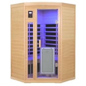 Low EMF Front door with heating panel Two persons Hemlock Far infrared corner Indoor sauna room