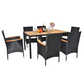 7 Piece Patio Dining Set, Outdoor Patio Conversation Set with Acacia Wood Table Top and Rattan Chairs and Soft Seat Cushions for Deck Backyard Garden