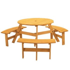 6-Person Outdoor Circular Wooden Picnic Table with 3 Built-in Benches for Patio Backyard Garden(Natural)