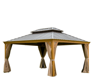 12'x16' Hardtop Gazebo Outdoor Aluminum Wood Grain Gazebos with Galvanized Steel Double Canopy for Patios Deck Backyard