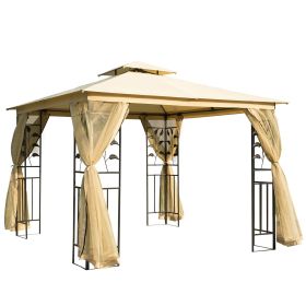 10' x 10' Metal Patio Gazebo, Double Roof Outdoor Gazebo Canopy Shelter with Tree Motifs Corner Frame and Netting, for Garden, Lawn, Backyard