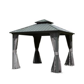 10' X 10' Hardtop Gazebo, Aluminum Metal Gazebo with Galvanized Steel Double Roof Canopy, Curtain and Netting, Permanent Gazebo Pavilion for Patio