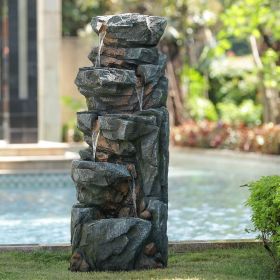 52" Tall 5-Tier Polyresin Fountain, Natural Rock Stone Water Feature for Patio & Backyard, Large Freestanding Fountain with LED Light