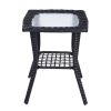 Outdoor Wicker Side Table, Rattan End Table with Glass Top, Patio Coffee Bistro Table for Indoor Garden Porch Balcony, Black