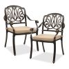 Set of 2 Cast Aluminum Patio Dining Chairs with Cushions, Stackable Outdoor Bistro Chairs for Balcony Backyard Garden Deck, Antique Bronze