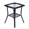 Outdoor Wicker Side Table, Rattan End Table with Glass Top, Patio Coffee Bistro Table for Indoor Garden Porch Balcony, Black