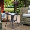 Outdoor Wicker Side Table, Rattan End Table with Glass Top, Patio Coffee Bistro Table for Indoor Garden Porch Balcony, Black