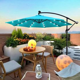 10 ft Outdoor Patio Umbrella Solar Powered LED Lighted Sun Shade Market Waterproof 8 Ribs Umbrella with Crank and Cross Base for Garden Deck Backyard (Color: Turquoise)