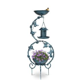 37.8 inch Bird Bath and Solar Bird Feeders Combo with Flower Planter Pedestal, Weather Resistant Metal Bird baths for Outdoors (Color: As Picture)